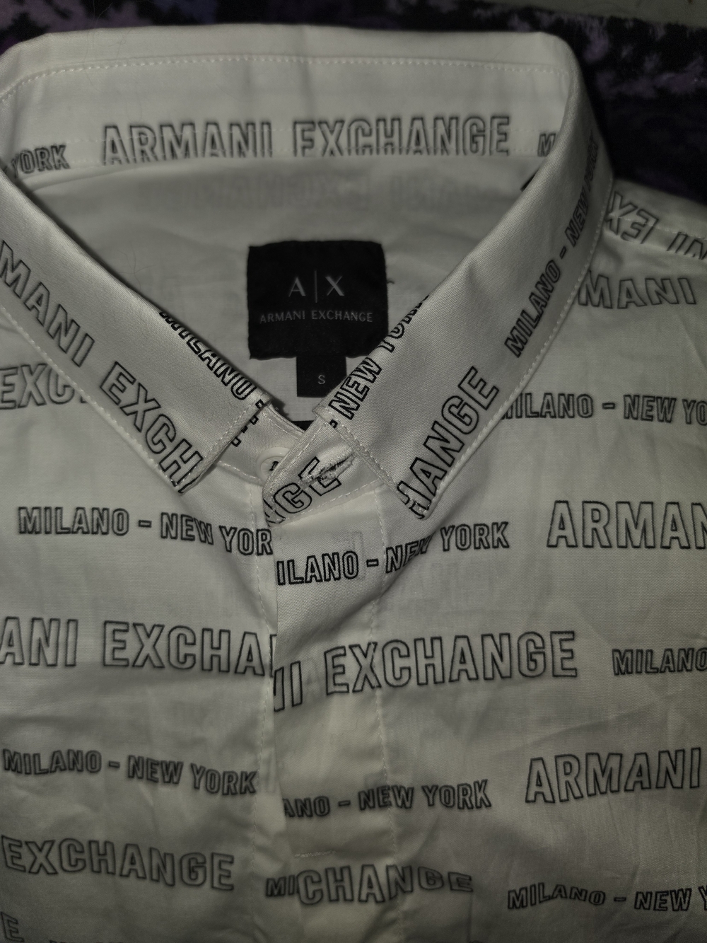 Armani Exchange White Button-Down Shirt with Black Logo Print